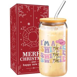 Christmas Glass Cup for TS Fans, 16 oz Glass Cup with Lid Straw & Cleaning Brush, Holiday Coffee Drinking Glass Tumbler for Women Girls, Singer Merch Party Supplies White Elephant Gifts (Swift)