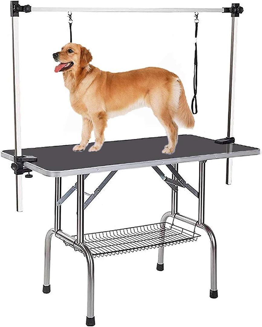 36" Professional Dog Pet Grooming Table Heavy Duty Adjustable with Overhead Arm, Two Grooming Noose Mesh Tray (Black, 36inch)