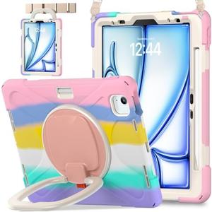 BATYUE Case for iPad Air 11-inch M3 (2025) / M2 (2024), iPad Air 5th/4th 10.9 inch(2022/2020), iPad Pro 11" 4th/3rd/2nd/1st, Kids Cover with 360° Rotating Stand, Pencil Holder, Carrying Strap, Pink