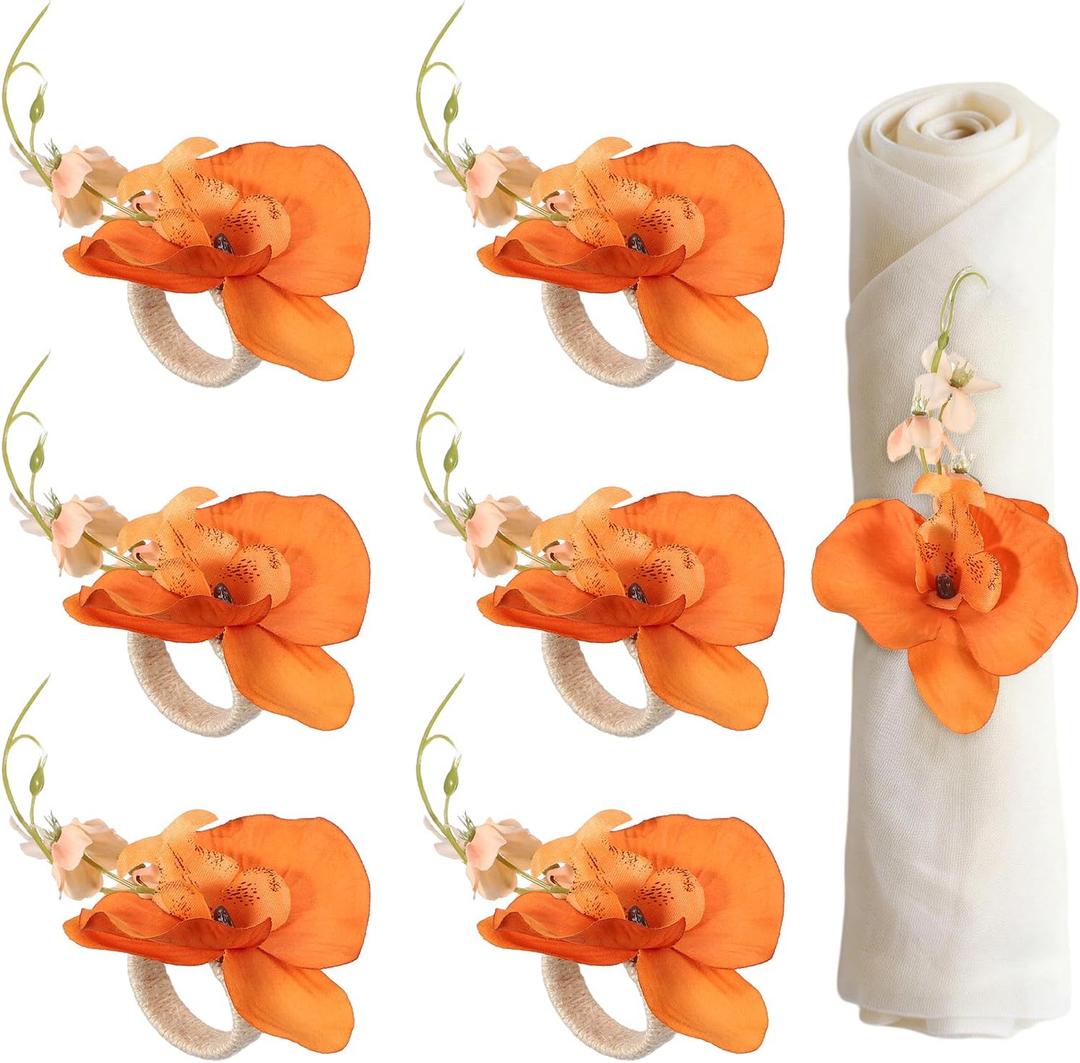 uxcell 6Pcs Flower Napkin Rings, Handmade Orchid Napkin Ring Holders Buckles Table Decorations for Christmas Thanksgiving Valentine Decor Wedding Parties, Banquet, Home, Orange