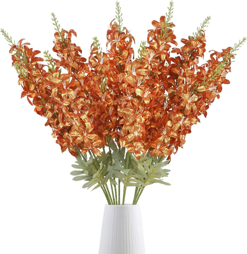 38" Orange Glitter Delphinium Artificial Flowers, 6PCS Sparkle Metallic Silk Delphinium Faux Larkspur Long Stem Flowers for Tall Vase for Home Wedding Table Decor(Orange)