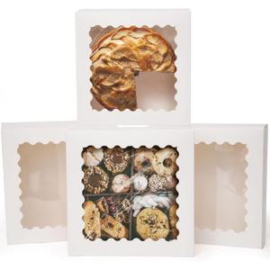 qiqee Auto-pop up 50 Packs Bakery Box With Window 8x8x2.5 inch White Pie Boxes Pastry Box