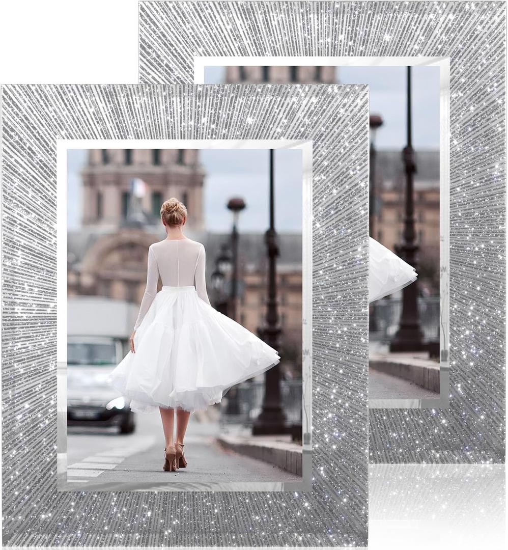 5x7 Picture Frame Glass 2 Pack, Sparkly Glitter Photo Frame 5 x 7 Mirror Crystal Wedding Gift Wall and Tabletop Display