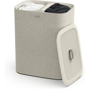 Joseph Joseph Tota 90 liter/23.8 gallon Laundry Hamper Separation Basket with lid, 2 Removable Washing Bags with Handles - Ecru, Dual Compartment 90l