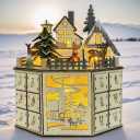 Irieiply Christmas Wooden Musical Advent Calendar with LED Decoration Cabin Reindeer and Christmas Tree, Empty Calendar with 24 Storage Drawers Countdown to Christmas Table Decor, Round Village
