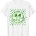 Groovy Shamrock Smile Face St Patricks Day Men Kids Funny T-Shirt (Small, White)
