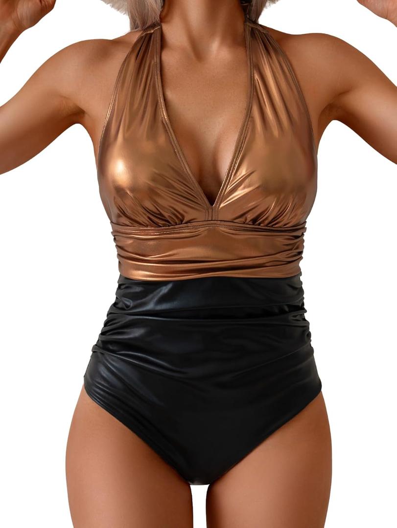 Eomenie Women's One Piece Swimsuit Tummy Control Metallic Glitter Bathing Suit Halter V Neck Color Block Swim Suit (Medium, Gold Black)