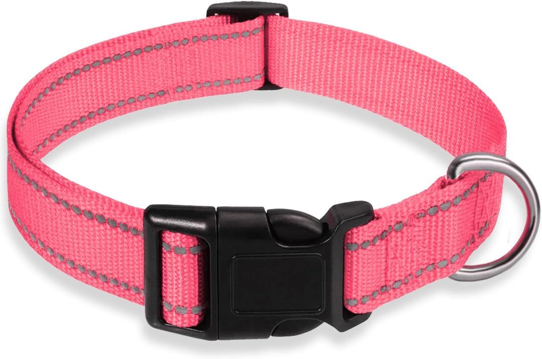 Reflective Dog Collar with Buckle Adjustable Safety Nylon Collars for Small Medium Large Dogs, Light Pink M