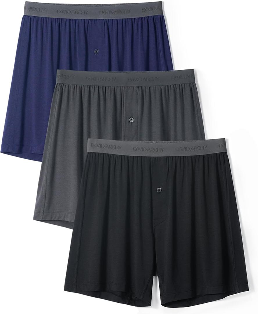 DAVID ARCHY Mens Underwear Bamboo Rayon Boxers for Men Breathable and Cool Men's Boxer Shorts with Button Fly 3 or 5 Pack (Large, A1, Navy Blue/Black/Dark Gray)