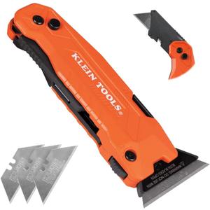 Klein Tools 44306 FLICKBLADE 2-in-1 Folding Utility Knife and Scraper with Built-In Blade Storage, Dual Locking Positions, Includes 3 Triple-Ground Carbon Steel Blades