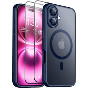 SPIDERCASE Designed for iPhone 16 Case, Magnetic Translucent [2+Full Coverage Tempered Glass Screen Protector] [Full Camera Protection] Anti-Fingerprint Anti-Scratch for iPhone 16 6.1”, Blue