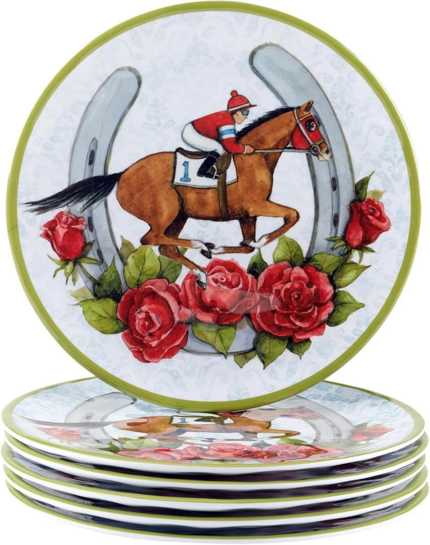 Derby Day at the Races Set of 6 Melamine Salad Plates  Add festive flair to your Derby Day celebration with 6 durable melamine salad plates featuring colorful racing silks, horseshoes, and charm.