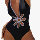 MakeMeChic Women's One Piece Swimsuit Floral Halter Plunge V Neck Cut Out Backless Tummy Control Swimwear, Black, XL