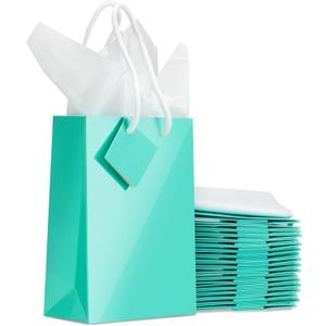 BLUE PANDA Gift Bags - 20 Pack Small Teal, 7.9 x 5.5 x 2.5 In - Teal Party Favor Bags for Baby Shower, Wedding & Birthday with Tags & Tissue Paper