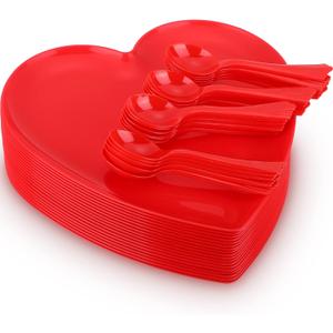 Layhit 10 Pieces Valentines Heart Shaped Plates Spoon Set Include 18 Pcs 10 Inch Valentines Day Heart Shaped Food Tray 10 Pcs Plastic Spoon Salad Dessert Plate for Party Supplies(Red)