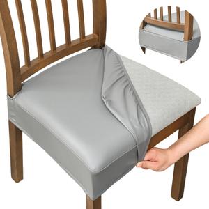 NILUOH Waterproof Seat Covers for Dining Room Chairs Set of 4, Pu Leather Chair Seat Slipcovers Dining Chair Cover Removable Washable Chair Protctor Cover, Rear Covers (PU-Gray) (4 Pcs-Regular)