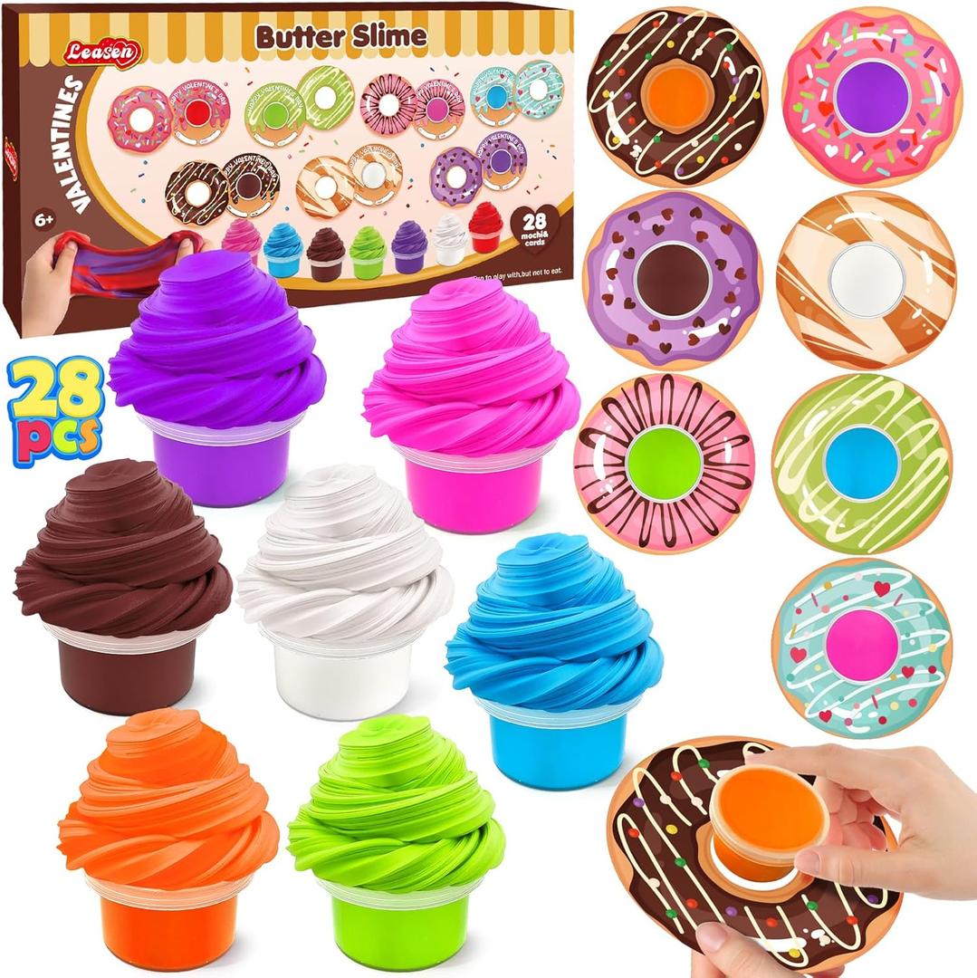 28 Pack Valentines Day Gifts for Kids, Butter Slime with Greeting Cards Stress Relief Fidget Toy for Kids Valentine School Classroom Prize Exchange, Party Favor Supplies