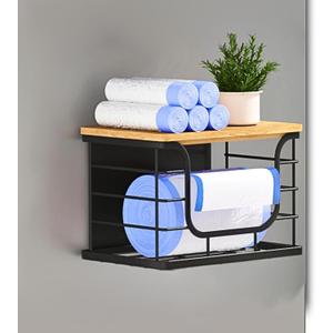 Ofiray-home Magnetic Shelf for Fridge Bag Storage, 1 Pack Stackable Garbage Bag Holder with Bamboo Lid, Magnetic Storage Bin for Refrigerator, Under Sink, Kitchen Pantry Organization Black