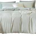 King Size Comforter Set Sage Green Striped 100% Soft Washed Microfiber Jacquard 3 Pieces Striped Bedding Sets Green White Comforter for All Seasons and 2 Pillowcases Comfort Breathable