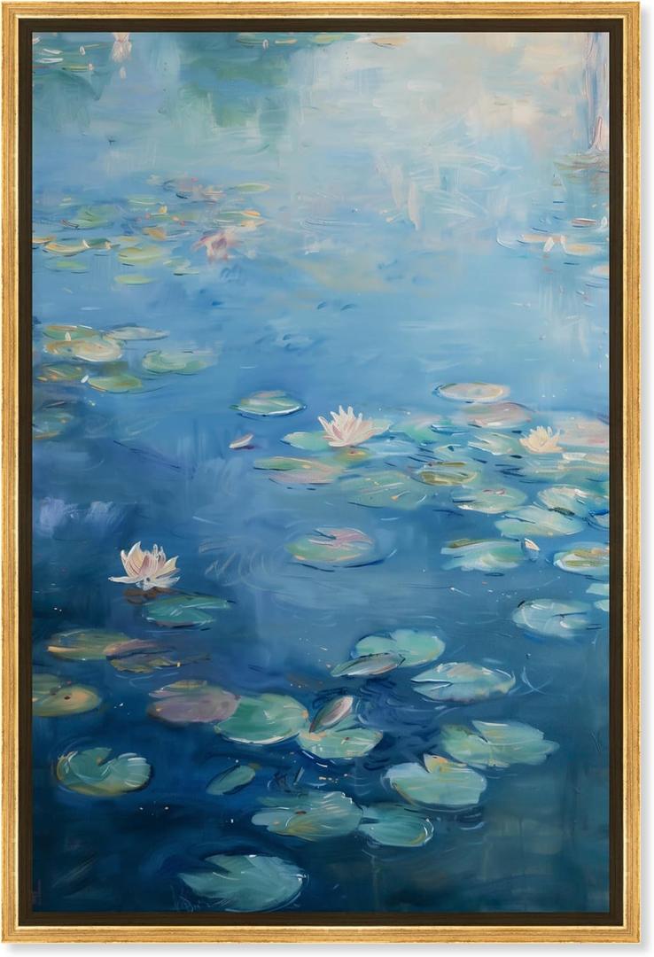 Lilypads In Blues Framed Impressionism 1 Piece Canvas Wall Art/Monet And Van Gogh Inspired Art, 17.5" x 25.5", Gold Frame (25.5L" x 17.5W")