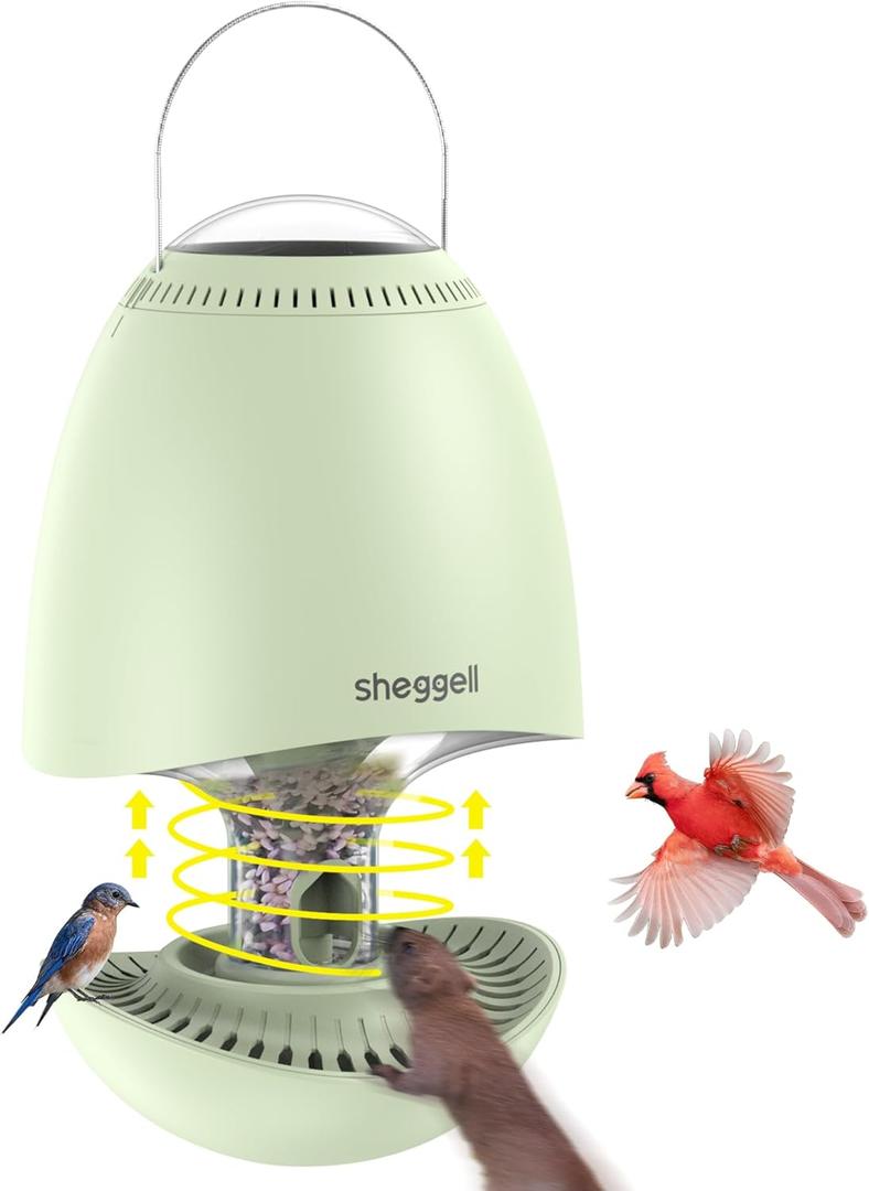 Sheggell Squirrel Proof Bird Feeders for Qutside Hanging,SolarPowered,Spinning Scares Away Squirrel,Automatic SeedDryer,ldeal Gift for Bird Lovers (Green)