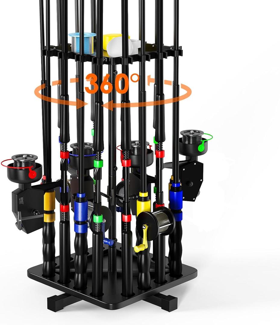 Fishing Rod Holders for Garage, 360 Rotating Vertical Fishing Rod Rack, Metal Fishing Pole Stand Holds 16 Rods, Fishing Gear Equipment Storage Organizer for Ground, Fishing Gifts for Men