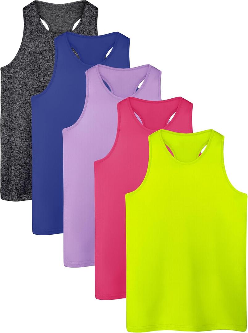 Poroka 5 Pack Girls Active Dry Fit Tank Top Kids Sleeveless Racerback Tank Tops Girls Athletic Dance Performance Tops, 8-10Years