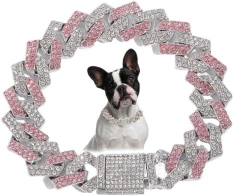 Chain Dog Collar, Diamond Metal Cuban Link Dog Collar,15mm Wide Bling Sparkly Puppy Necklace for Small Medium Large Pet Dogs Cats Silver Pink(16 inch)