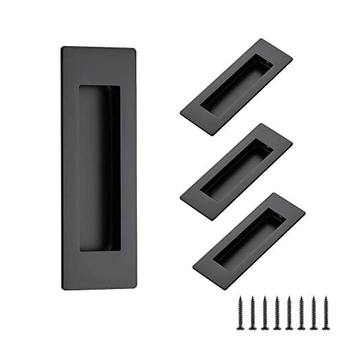 Ravinte 4 Pack Black Sliding Closet Door Handles Black Flush Pulls 4.72in Length Recessed Finger Pulls for Sliding Barn Door Sqaure Cabinet Pulls Stainless Steel