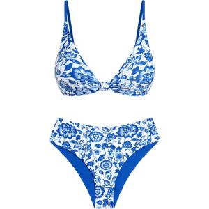 ZAFUL High Waisted Bikini Sets for Women Texture Push Up 2 Piece Swimsuit Knot Front V Neck Bathing Suit Brazilian Cheeky Bottom Blue Floral M