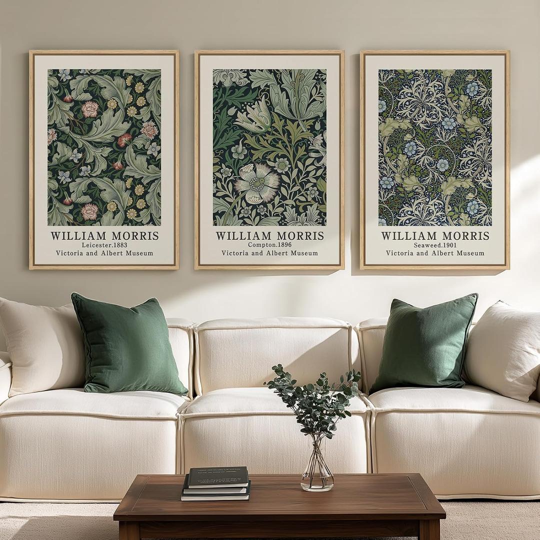 Large Framed William Morris Green Wall Art, 3 Piece Vintage Floral Canvas Prints, Retro Botanical Wall Decor for Living Room Bedroom Hallway Office, 24x36 Inch