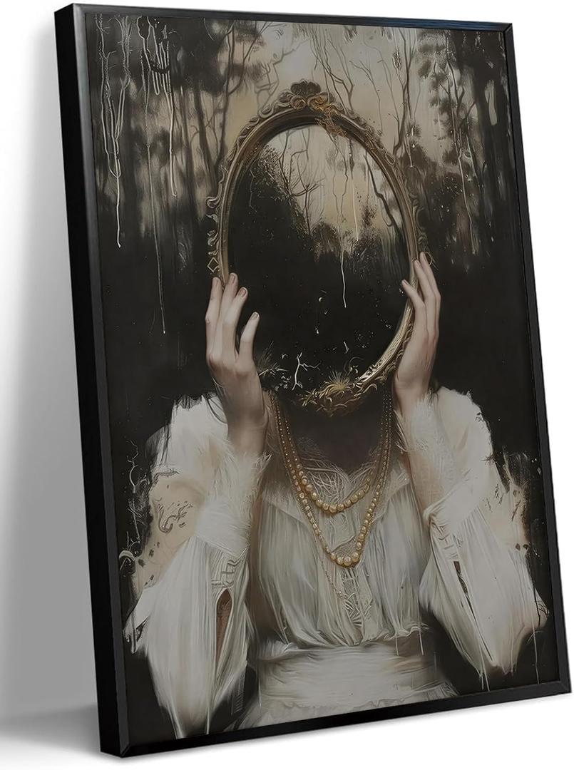 WOKAOGO Black Framed Wall Art Mirror Witch Wall Decor Dark Academia Canvas Art Gothic Pictures Vintage Paintings Victorian Prints Moody Artwork for Bedroom Bathroom