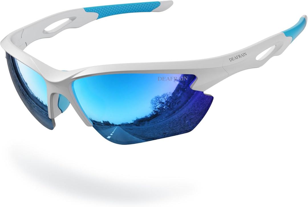 DEAFRAIN Polarized Sports Sunglasses for Men Women Cycling Running Fishing Glasses TR90 Unbreakable Frame UV Protection Z87 (Bright White/Blue Frame/Ice Blue Revo Lens)