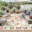 Uphome Indoor Outdoor Area Rug 8x10 ft, Large Floral Patio Rugs for RV Camping Outside, Washable Living Room Mat Non Slip, Breathable Floor Carpet for Bedroom Deck Porch Backyard, Beige