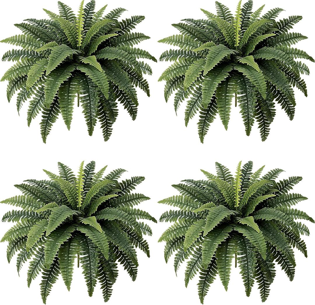 Fake Ferns - Set of 4 Faux Boston Ferns Large Artificial Plants, 40 Leaves per Bouquet, 35 Inches Large Artificial Ferns for Outdoors/Indoor Home, Office, Garden Decoration