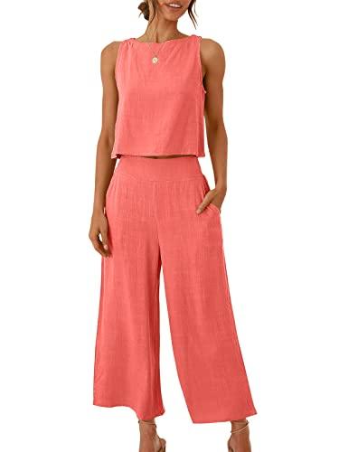 ANRABESS Women's Summer 1 Piece Outfits Sleeveless Crop  Capri Wide Leg Pants Jumpsuit Casual Linen Lounge Matching Sets Beach Travel 2025 Trendy Clothes Peach Large ANRABESS Women's Summer 1 Piece Outfits Sleeveless Crop  Capri Wide Leg Pants Jumpsuit Casual Linen Lounge Matching Sets Beach Travel 2025 Trendy Clothes Peach Large