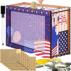 3 PAck $10000 Cash Vault Wooden Savings Box,Wooden Savings Box with Money Target & Numbers,Patriotic Cash Saver Box, Reusable Coin Counter Piggy Bank 10K
