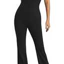 AFITNE Workout Jumpsuits for Women Padded with Built in Bra Flare One Piece Yoga Strappy V neck Athletic Long Pants (Black, XL)
