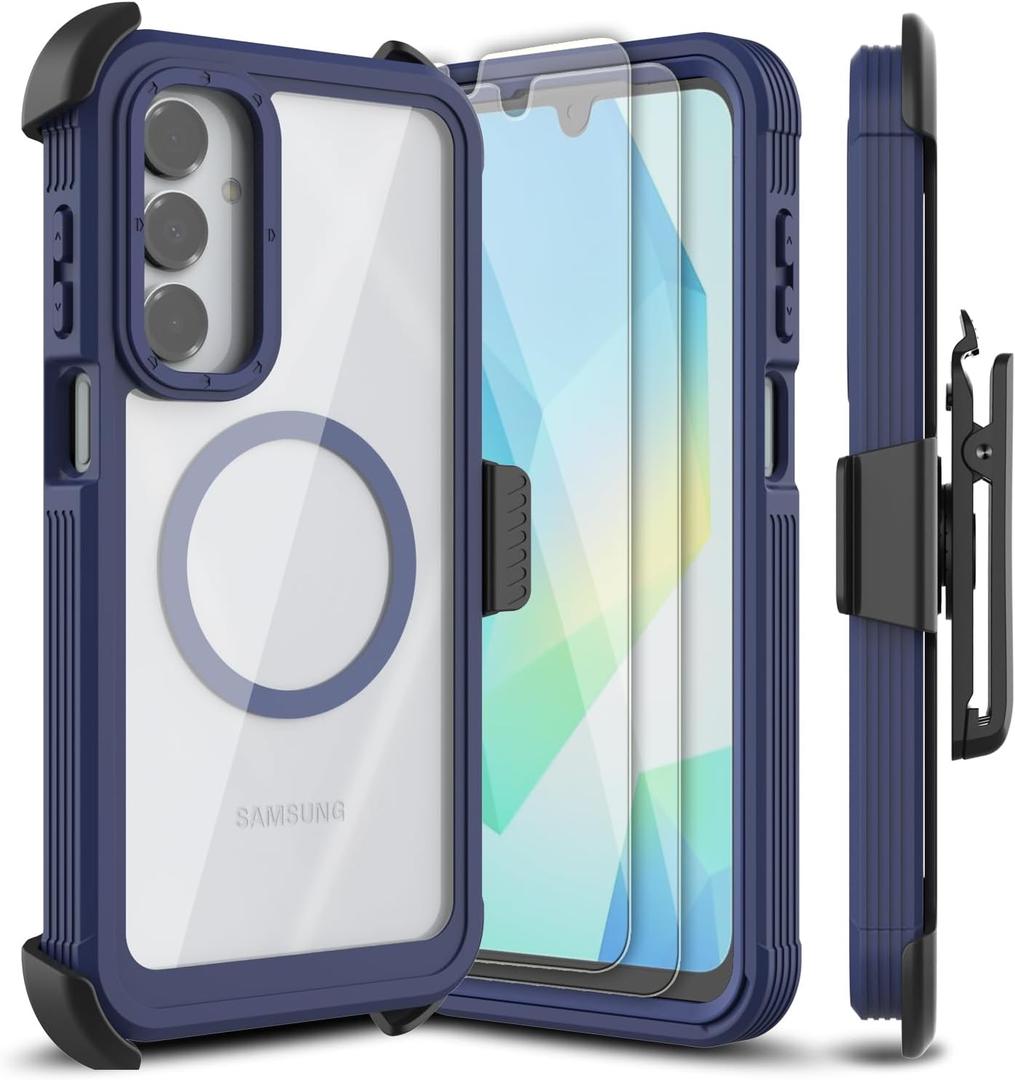 for Samsung Galaxy A16 5G Case, [Transparent & Holster Series] Belt Clip Full Body Shockproof Protective Cell Phone Cover with 2 Pack Tempered Glass Screen Protector (Blue/Clear)
