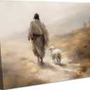 Danseed Jesus Leaves the 99 Sheep Canvas Wall Art Jesus And Lamb Wall Decor Painting Christian Parable Of The Lost Sheep Posters Prints for Bedroom Church Prayer Room Decoration Ready to Hang (16"L x 12"W)