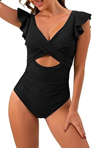 B2prity Women's One Piece Swimsuit Ruffle Cutout Bathing Suits Slimming Tummy Control V Neck Wrap Swimwear. 8W, Black B2prity Women's One Piece Swimsuit Ruffle Cutout Bathing Suits Slimming Tummy Control V Neck Wrap Swimwear. 8W, Black
