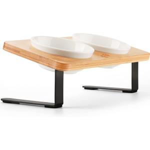 Ceramic Elevated Cat Bowls with 10 Tilted, Anti Vomiting & Whisker Friendly Food and Water Bowls with Bamboo Stand(Anti-Slip Feet), Raised Cat Food Bowls for Indoor Cats & Puppies, Dishwasher Safe (5" Bowls x2)