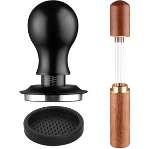 Espresso Distribution Tool Accessories - 53mm Spring Loaded Coffee Calibrated Tamper Kit with Needles, WDT Stainless Steel Espresso Stirrer Dosing Funnel Set for Barista Coffee Machines