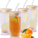 16 oz Glass Cups with Lids and Straws, Clear Iced Coffee Cups with Lids, Hobnail Drinking Tumbler Set for Matcha Latte Juice (4 Pack)