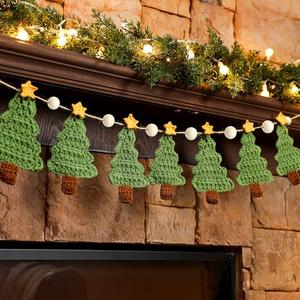 Tudomro Crochet Christmas Tree Garland 6.56 ft Rustic Handmade Xmas Banner Christmas Tree Wooden Beads Farmhouse Hanging Decor for Mantel Fireplace Home Room Wall Window Door Gift