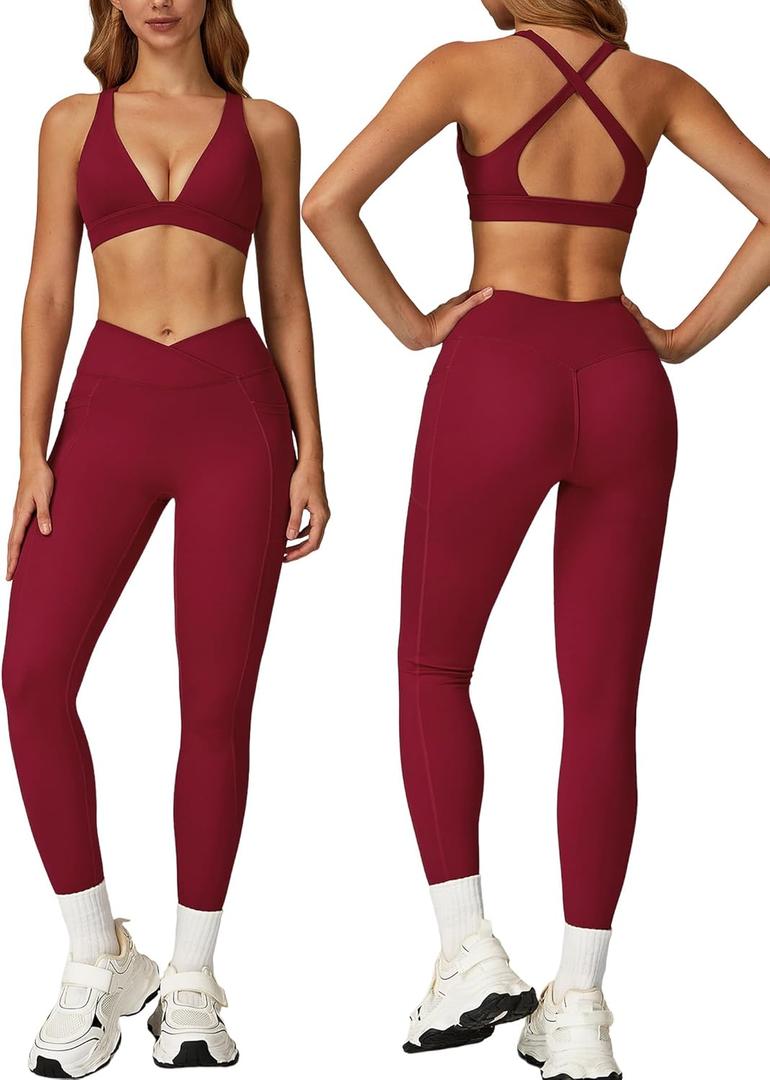 ABOCIW Womens Two Piece Workout Sets Deep V Neck Sports Bra Crossover Leggings with Pockets Gym Yoga Pilates Outfits (Small, Cherry Red)