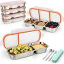5-Piece Stainless Steel Bento Box Set – 2x 3-Compartment & 2x 2-Compartment Reusable Lunch Containers with Lids + Portable Cutlery Kit for Work, Travel, Outdoor & Daily Meal Prep (Orange)