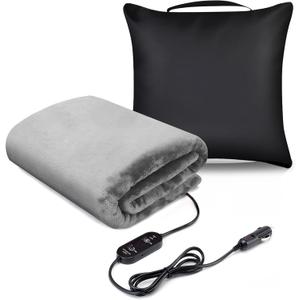 Heated Car Blanket,Stored As A Pillow,Electric Warming Blanket,3 Temperature Settings,Timer,Machine Washable,12/24 V Electric Blanket with Storage Bag 59x43 in