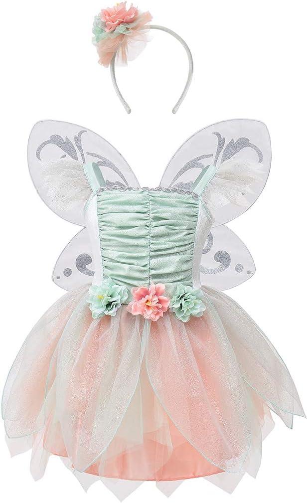 Fairy Costume Dress for Girls, Green Princess Flower Girl Dress, Tutu Dress with Headband and Wings (5-6 years)