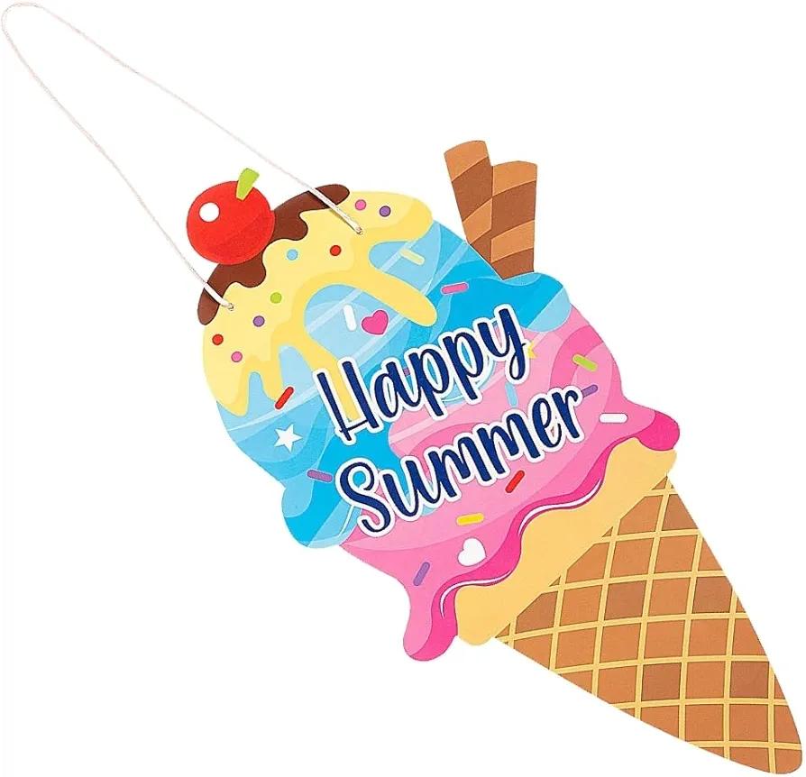 Colorful Foam "Happy Summer" Ice Cream Door Sign with Satin Cording - (8.5" x 16.5") 1 Pc - Ideal for Summer Decor, Birthdays & Events